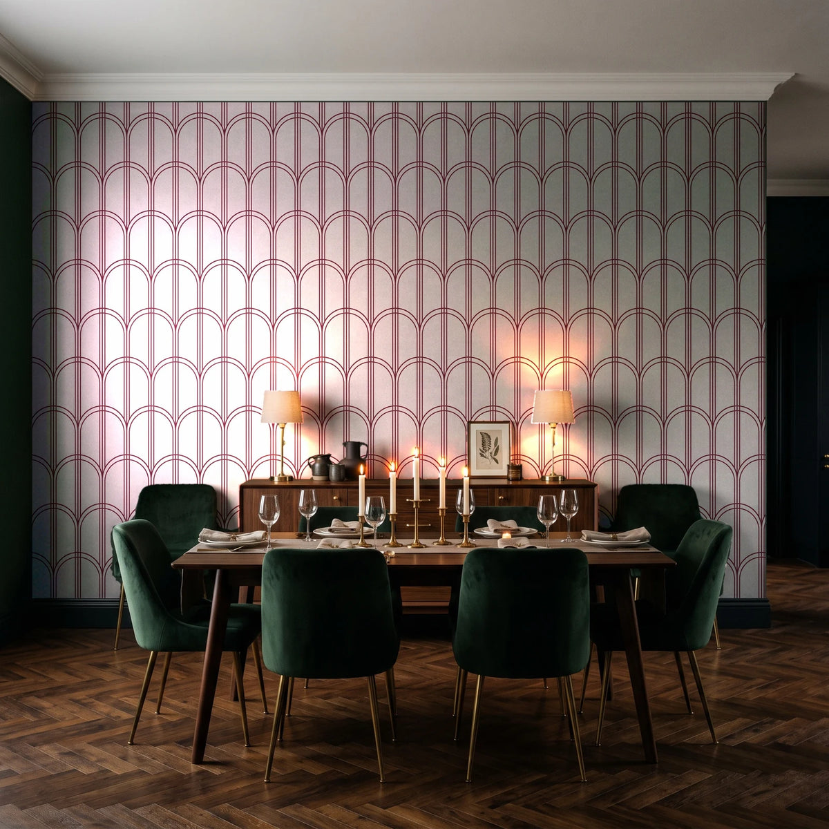 Quiet Grace Oxblood minimalist arch wallpaper in a dark moody dining room with a candlelit table