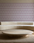 Quiet Grace Oxblood minimalist arch wallpaper in an elegant living room