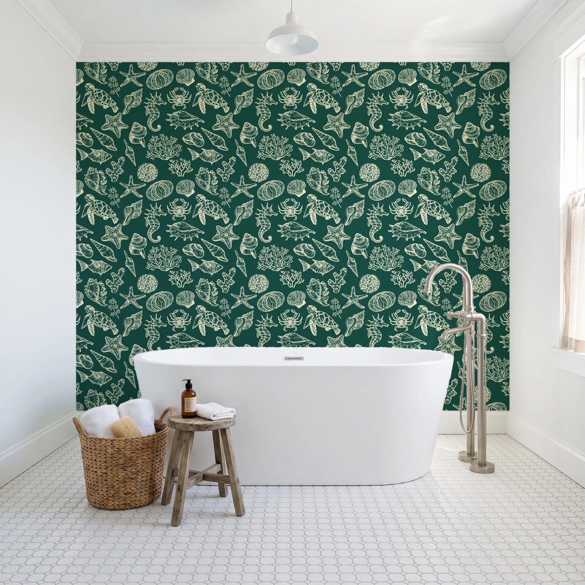 Quiet Reef Emerald sea life wallpaper behind a freestanding tub in a bright coastal bathroom