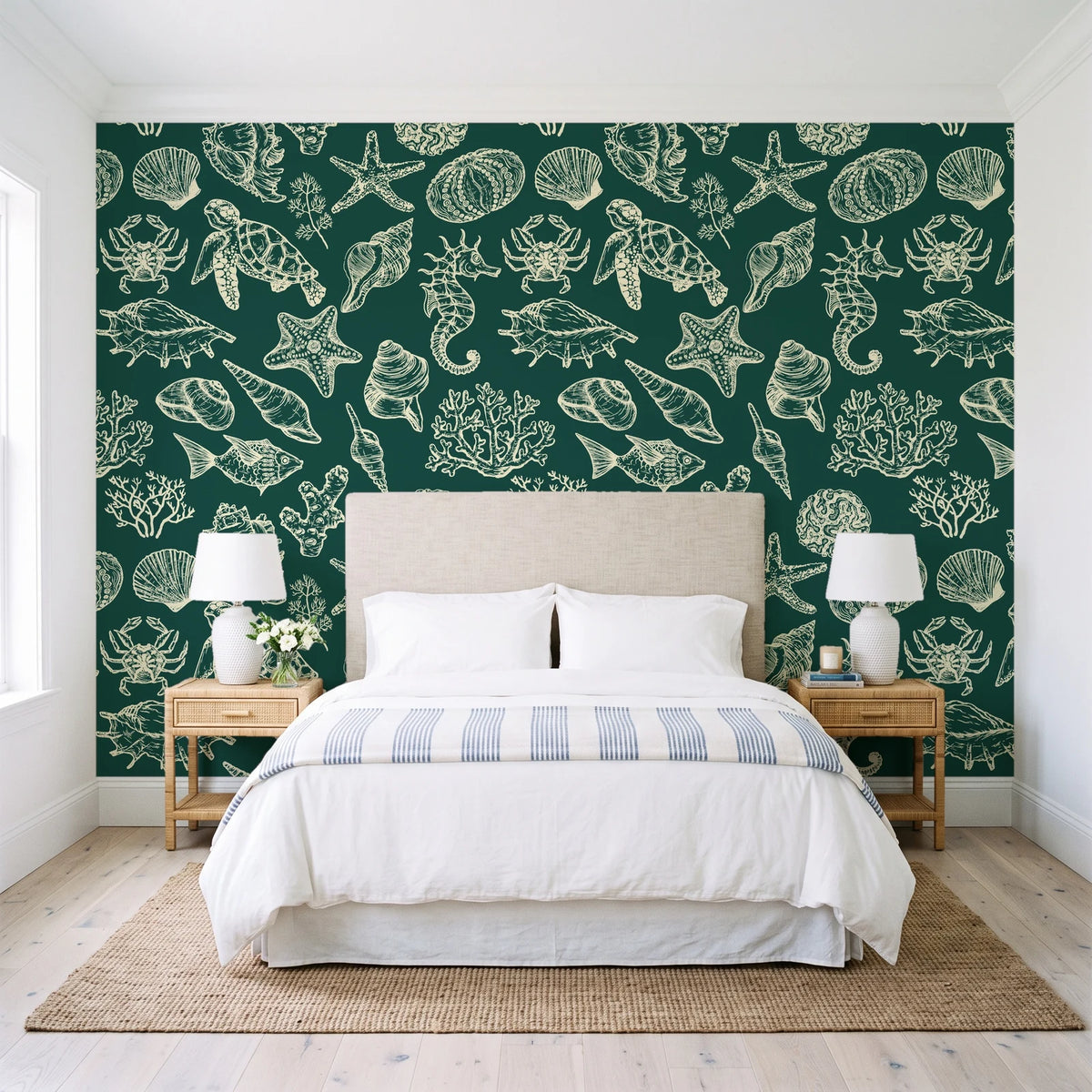 Quiet Reef Emerald sea life wallpaper behind a queen bed in a bright coastal bedroom
