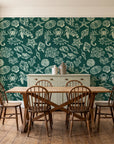 Quiet Reef Emerald sea life wallpaper in a farmhouse dining room with a sage sideboard and rustic trestle table