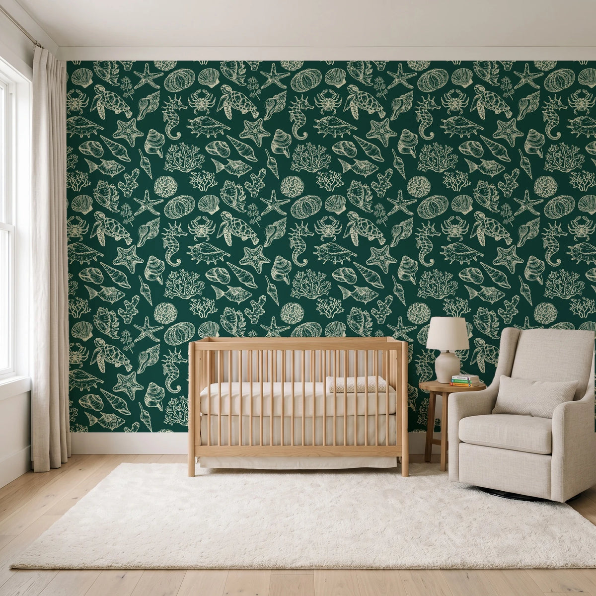 Quiet Reef Emerald sea life wallpaper in a calm, light-filled nursery