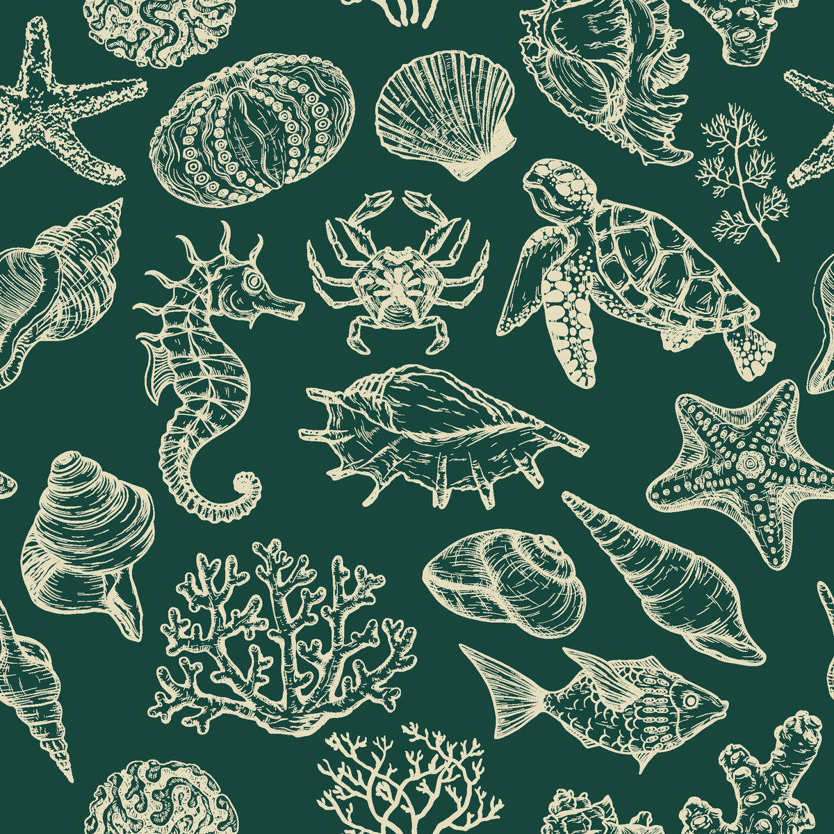 Quiet Reef Emerald sea life wallpaper in emerald and champagne