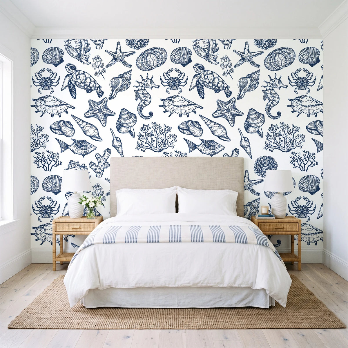 Quiet Reef Navy sea life wallpaper behind a queen bed in a bright coastal bedroom