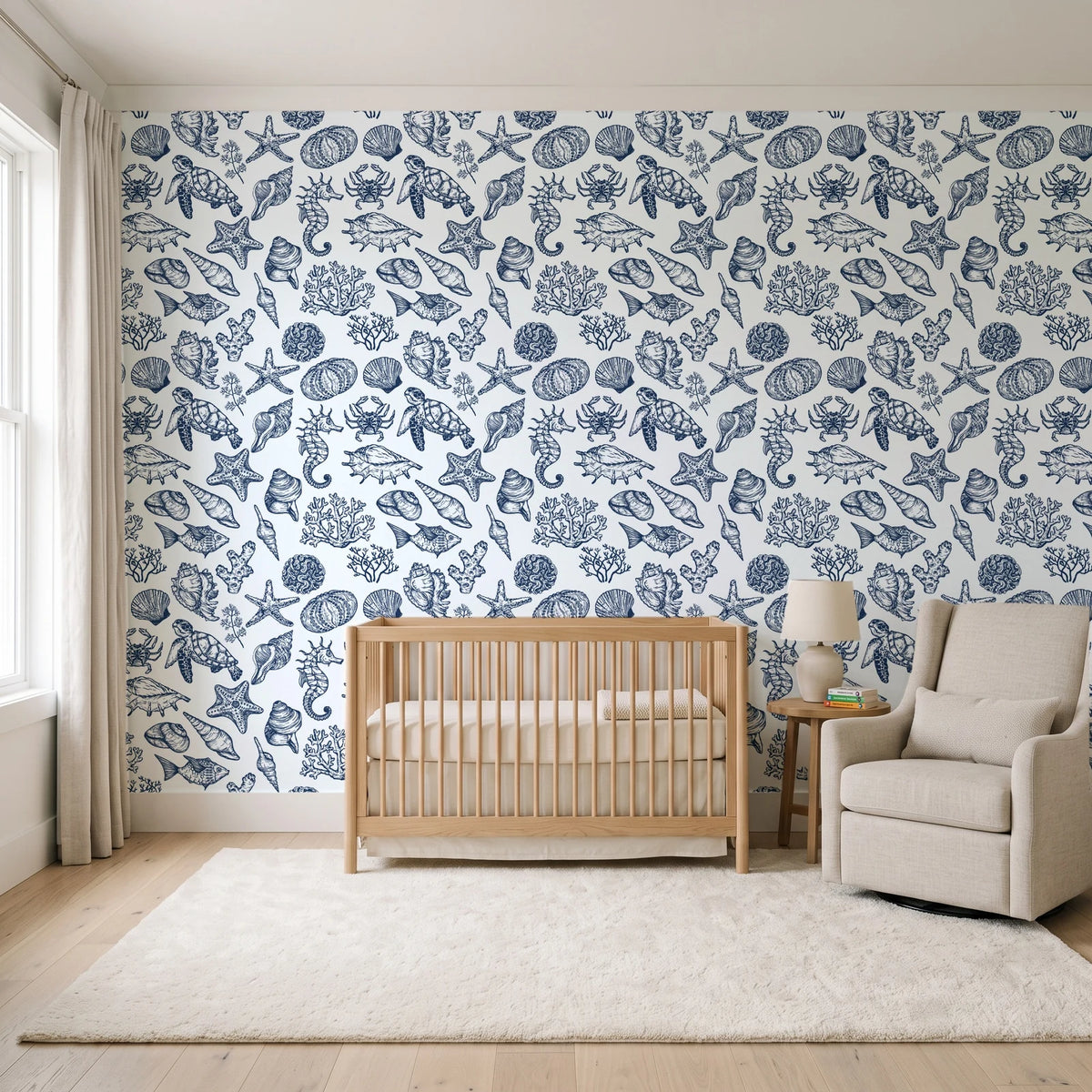 Quiet Reef Navy sea life wallpaper in a calm, light-filled nursery