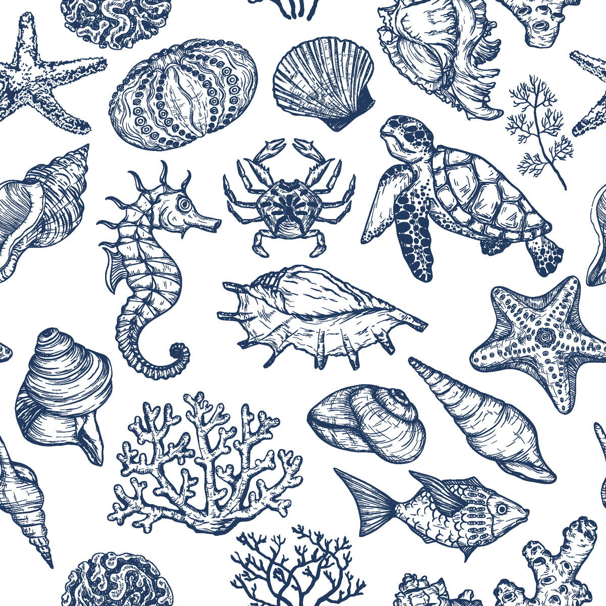 Quiet Reef Navy sea life wallpaper in navy and white