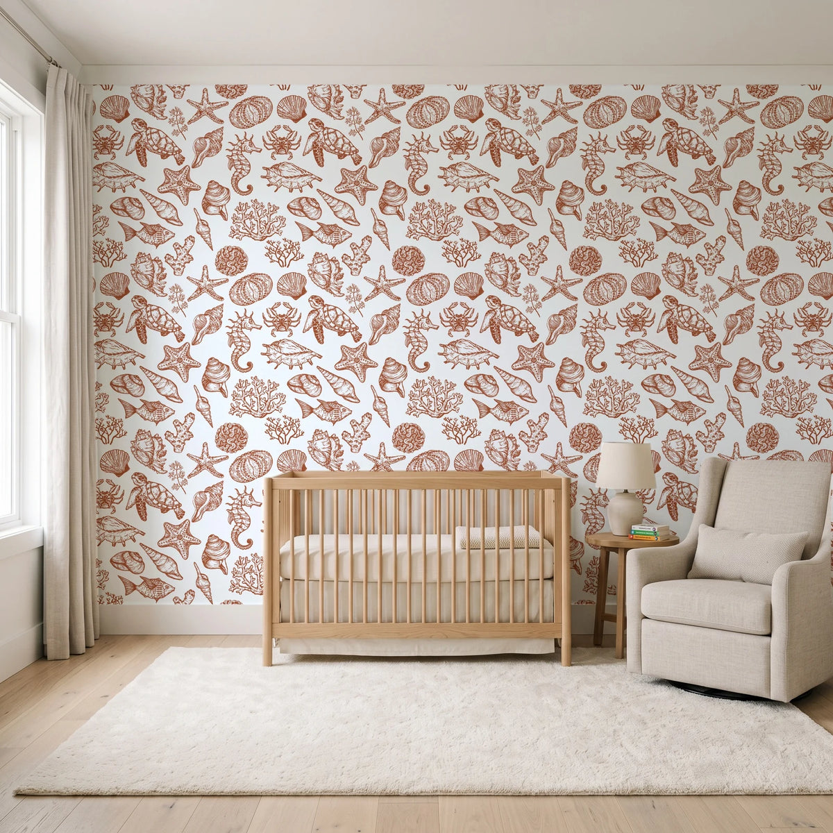 Quiet Reef Terracotta sea life wallpaper in a calm, light-filled nursery