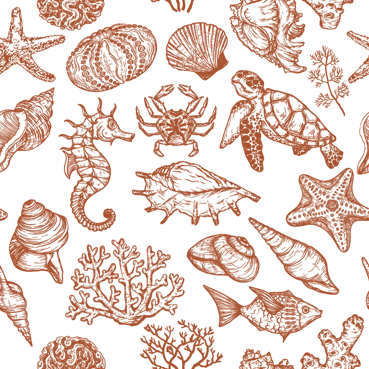 Quiet Reef Terracotta sea life wallpaper in terracotta and white