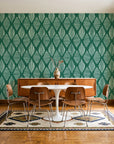 Reed & Smoke Emerald geometric wallpaper in a mid-century dining room with a teak sideboard and tulip table
