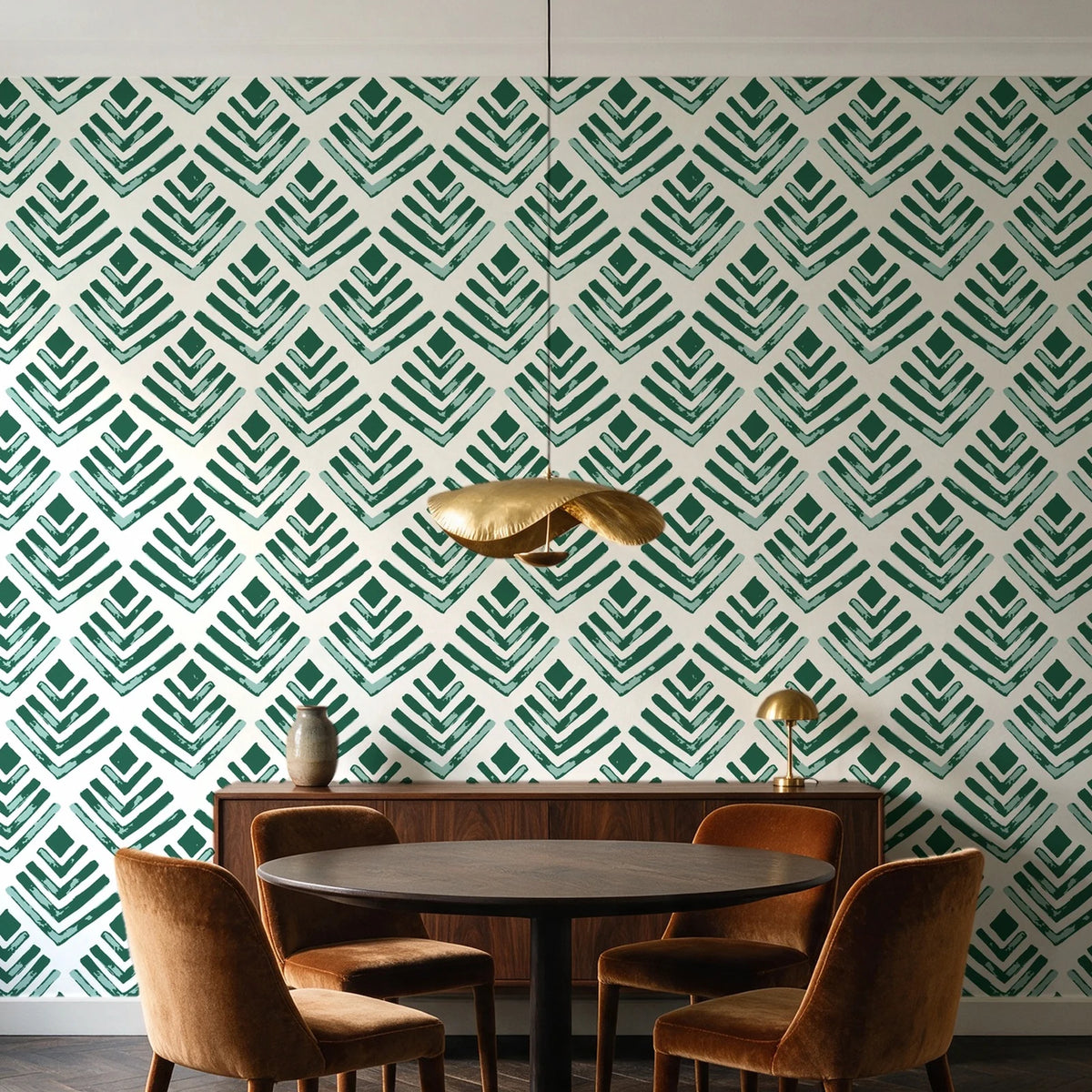 Rising Arrow Emerald geometric wallpaper behind a walnut credenza and round table in an elegant dining room