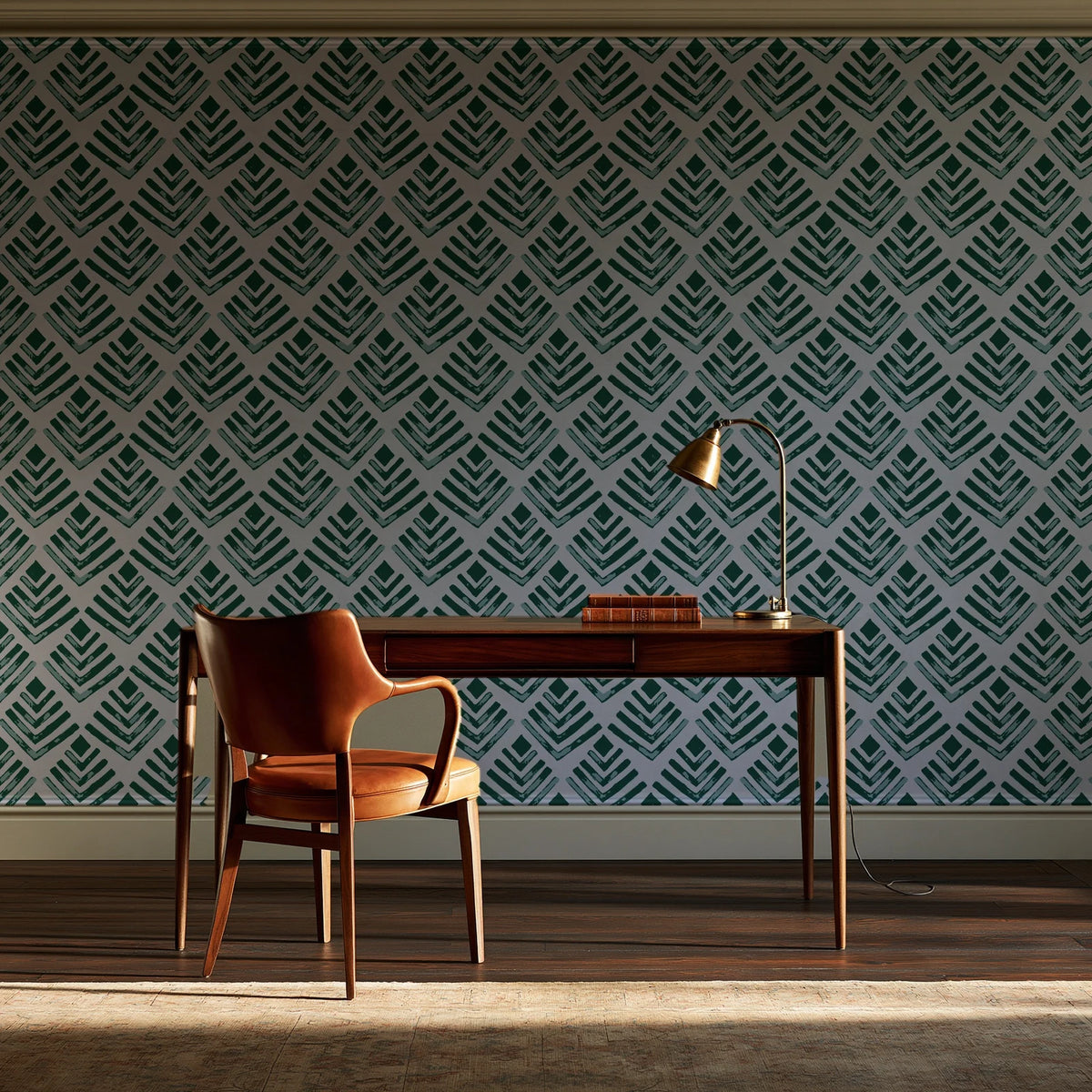 Rising Arrow Emerald geometric wallpaper as a feature wall in a home study