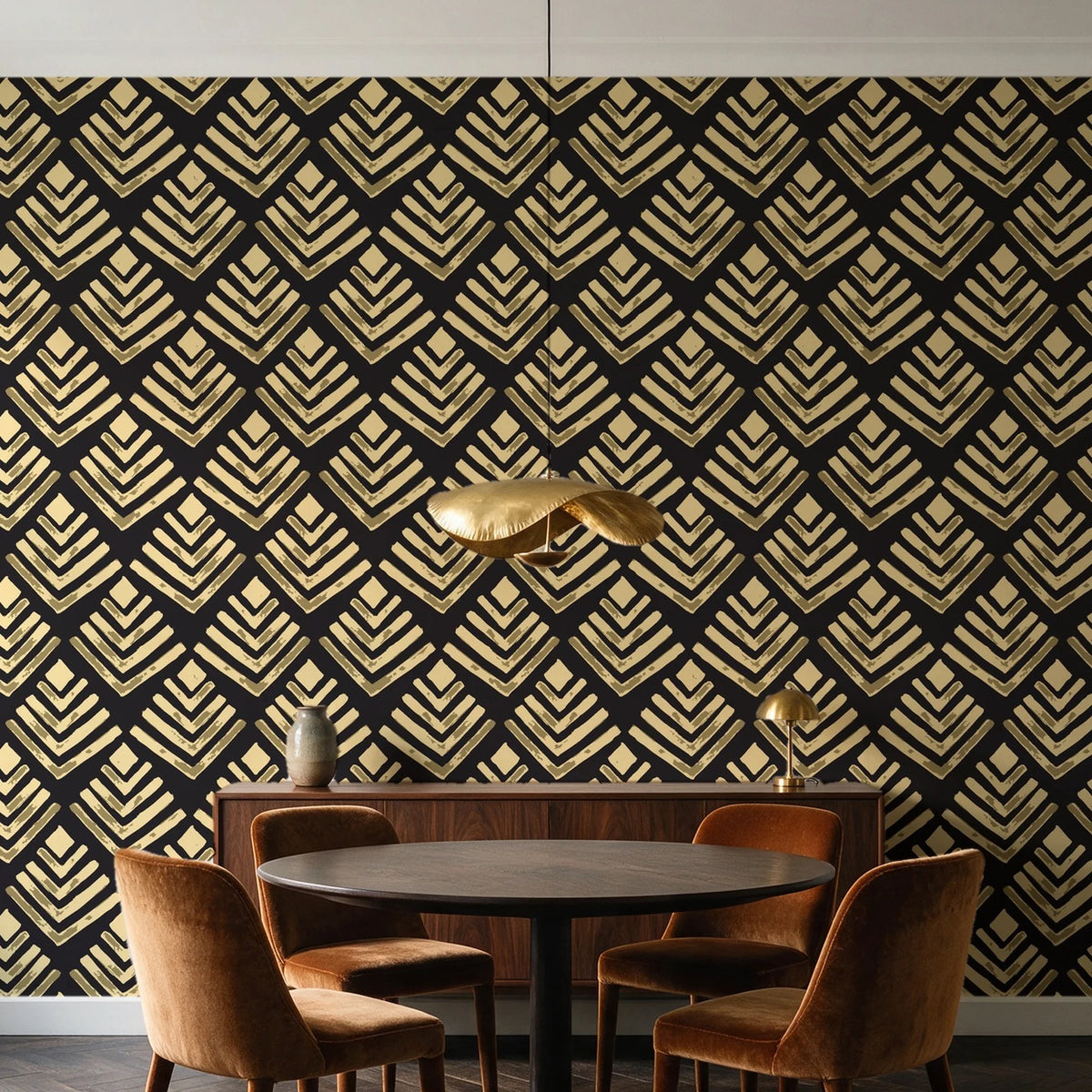 Rising Arrow Noir geometric wallpaper behind a walnut credenza and round table in an elegant dining room