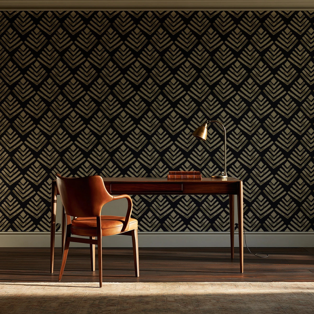 Rising Arrow Noir geometric wallpaper as a feature wall in a home study