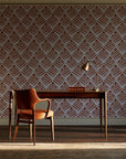Rising Arrow Terracotta geometric wallpaper as a feature wall in a home study