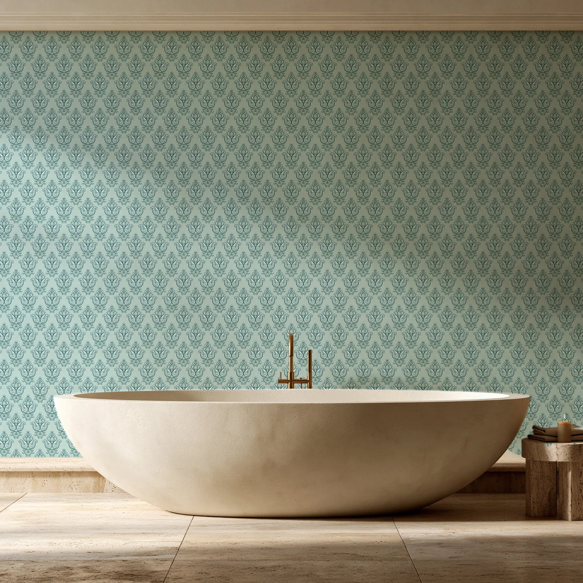Rosewater Retreat Emerald damask wallpaper creating ambiance in a serene spa bathroom