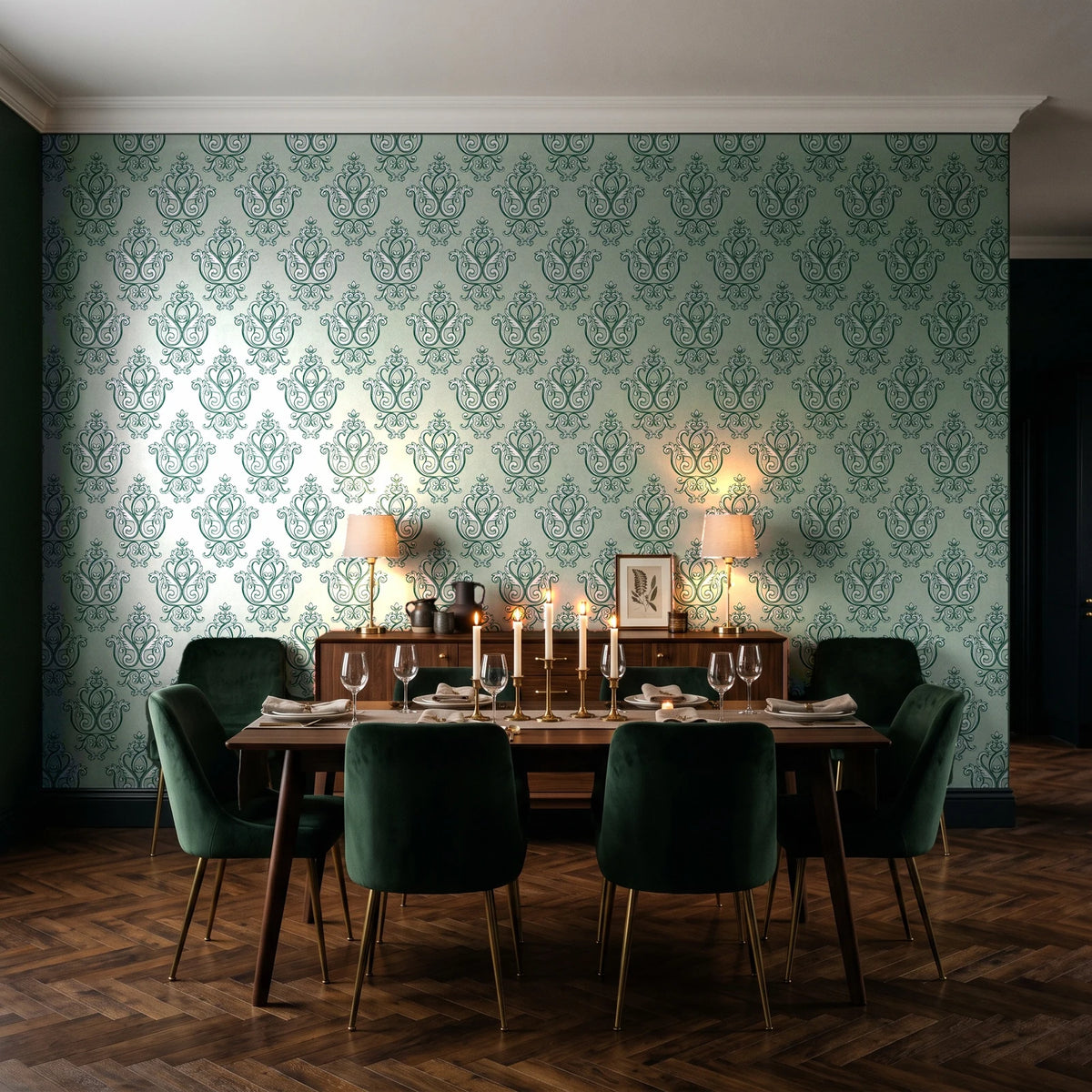 Rosewater Retreat Emerald damask wallpaper in a dark moody dining room with a candlelit table