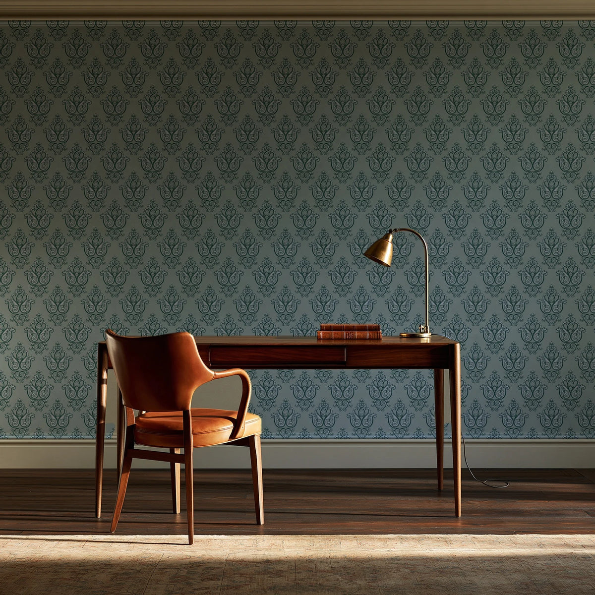 Rosewater Retreat Emerald damask wallpaper as a feature wall in a home study