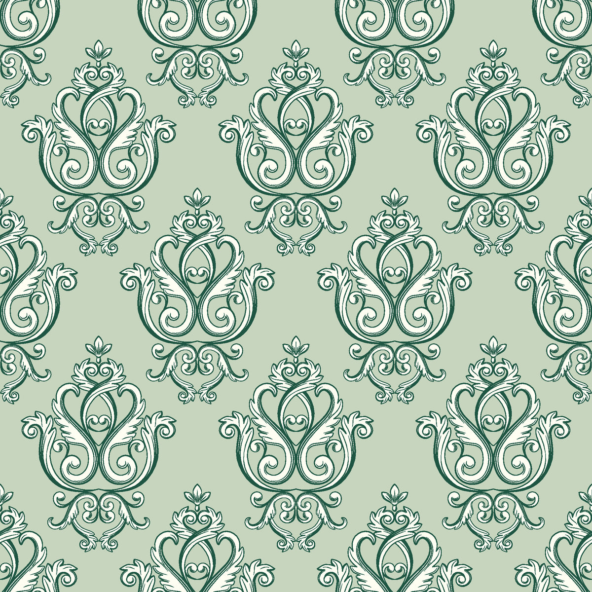 Rosewater Retreat Emerald damask wallpaper in emerald and sage