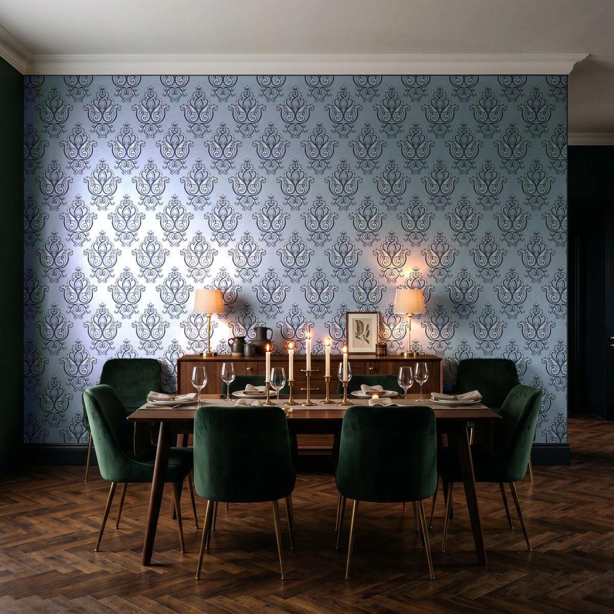 Rosewater Retreat Navy damask wallpaper in a dark moody dining room with a candlelit table