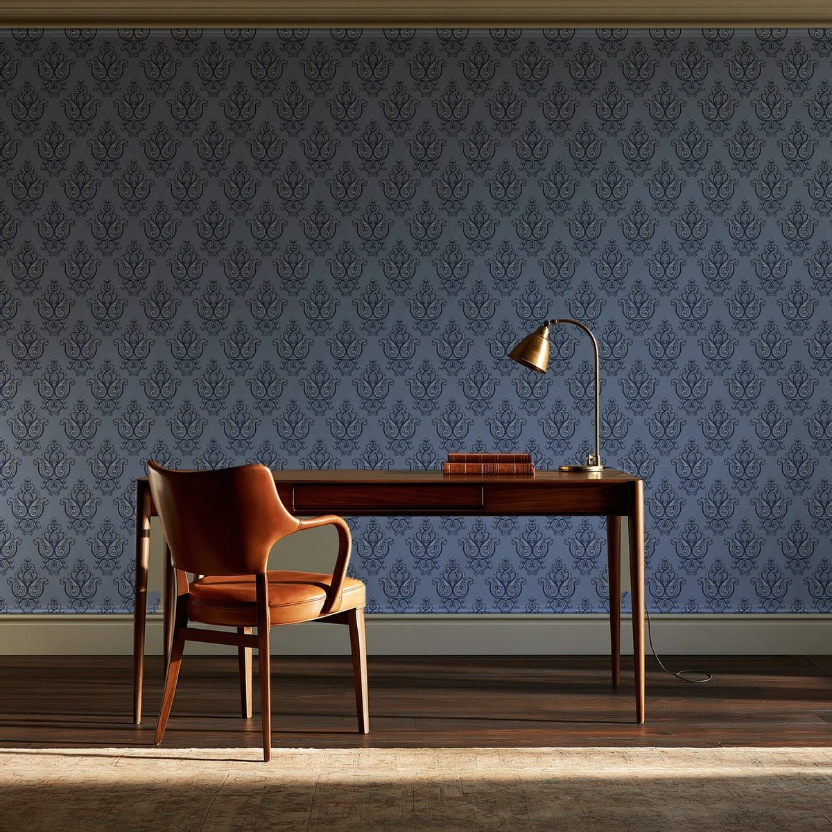 Rosewater Retreat Navy damask wallpaper as a feature wall in a home study