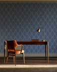 Rosewater Retreat Navy damask wallpaper as a feature wall in a home study