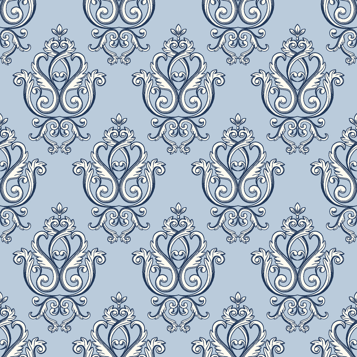 Rosewater Retreat Navy damask wallpaper in navy and mist