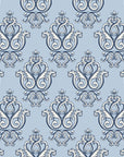 Rosewater Retreat Navy damask wallpaper in navy and mist