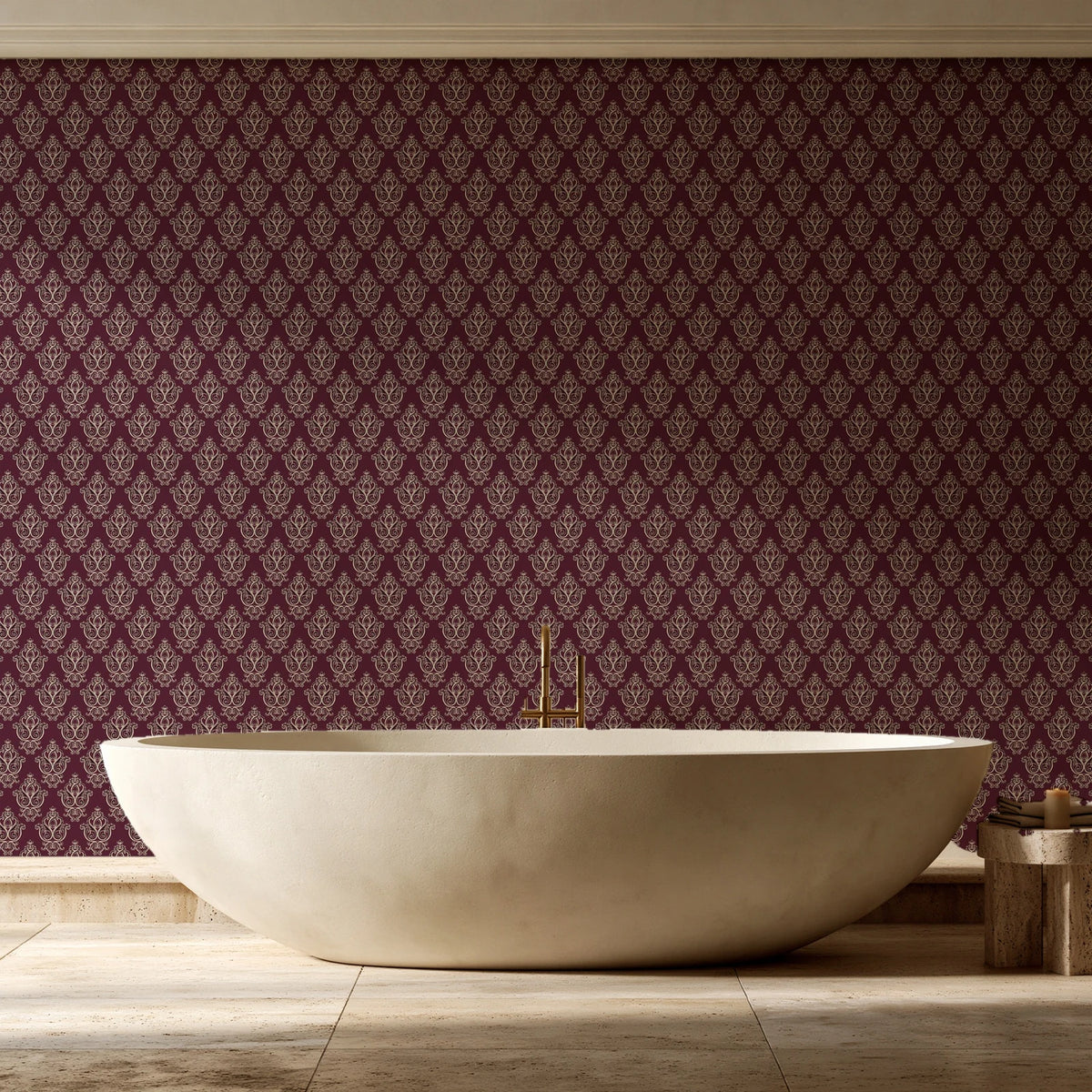 Rosewater Retreat Oxblood damask wallpaper creating ambiance in a serene spa bathroom