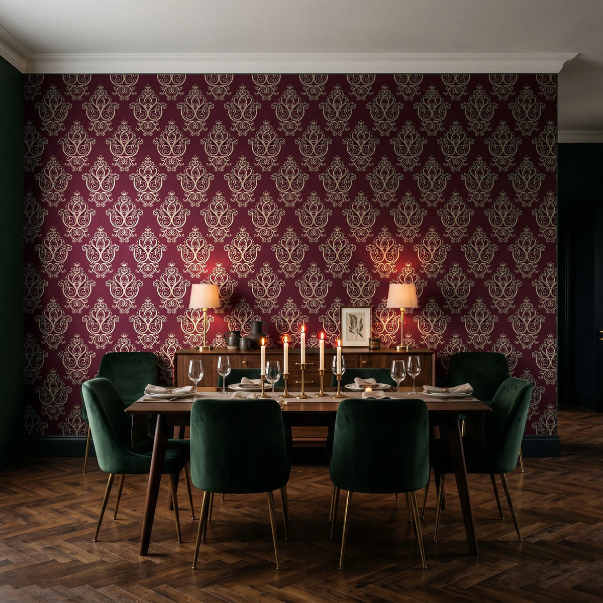 Rosewater Retreat Oxblood damask wallpaper in a dark moody dining room with a candlelit table