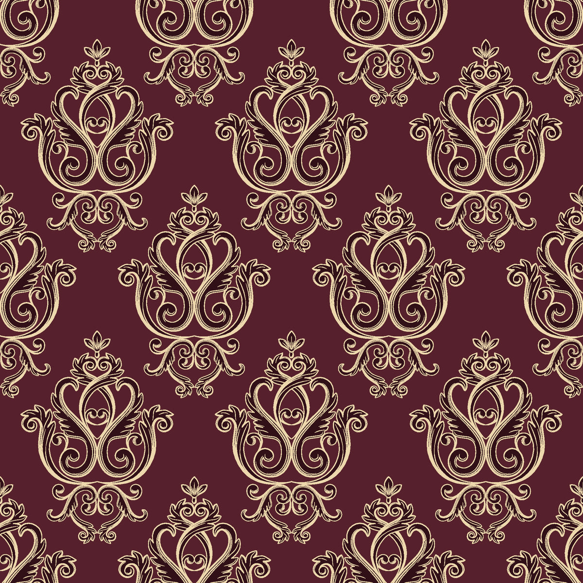 Rosewater Retreat Oxblood damask wallpaper in oxblood and champagne