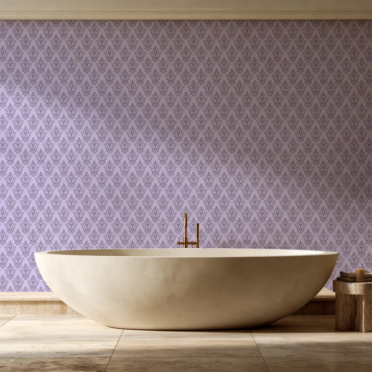 Rosewater Retreat Plum damask wallpaper creating ambiance in a serene spa bathroom