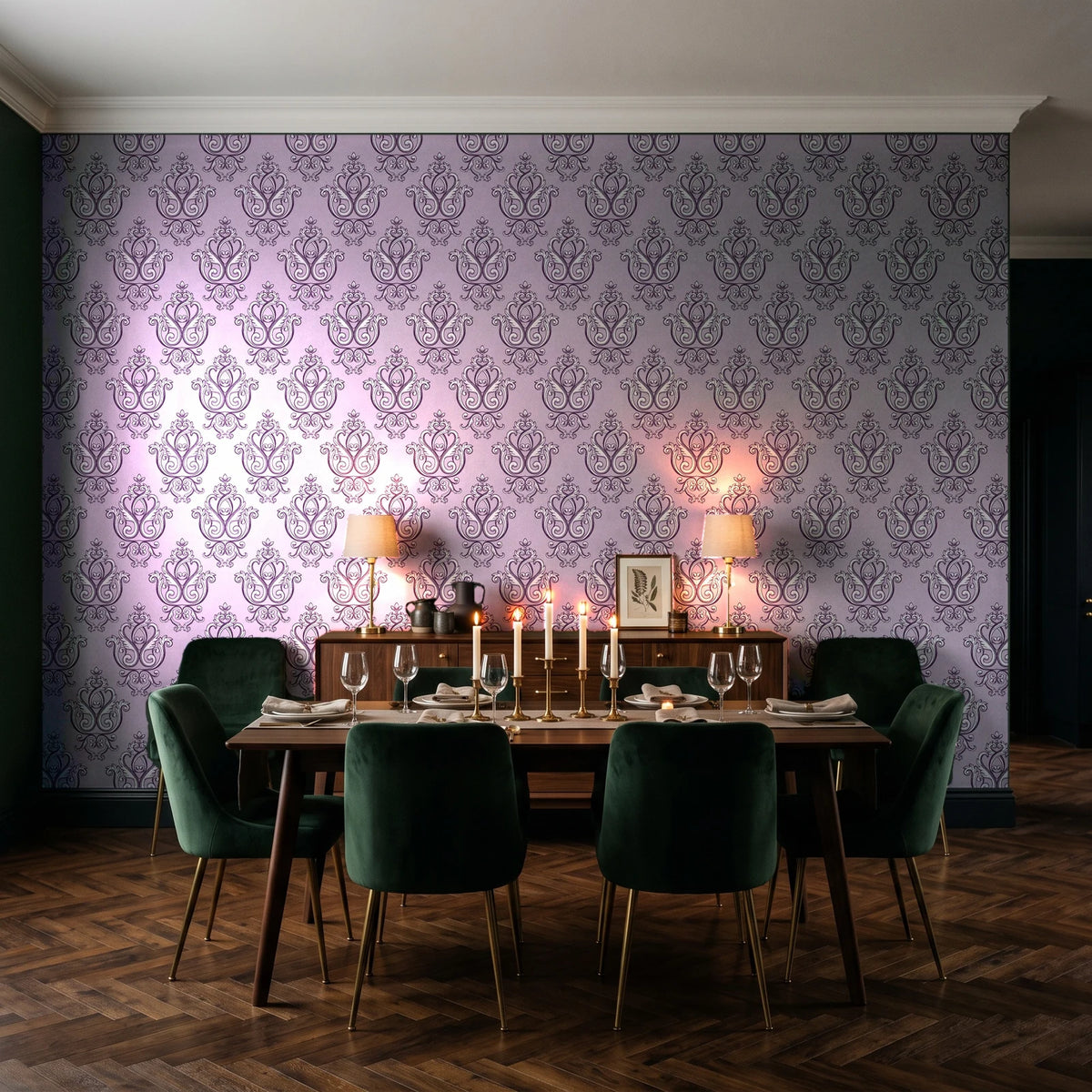 Rosewater Retreat Plum damask wallpaper in a dark moody dining room with a candlelit table