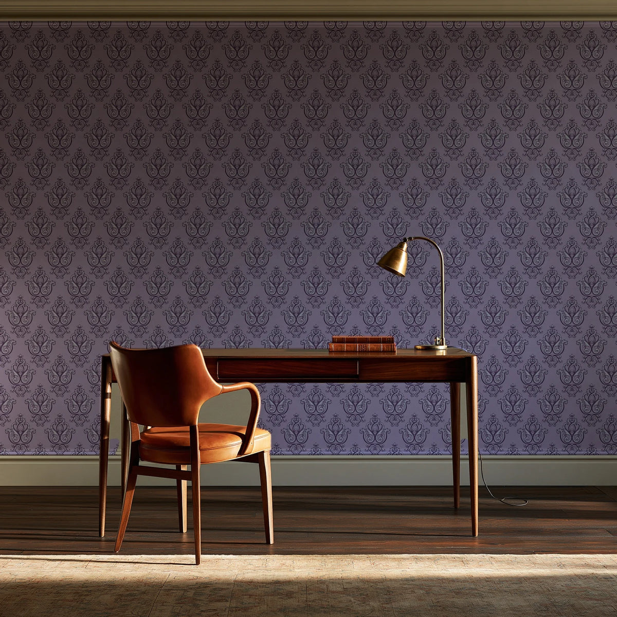 Rosewater Retreat Plum damask wallpaper as a feature wall in a home study