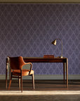 Rosewater Retreat Plum damask wallpaper as a feature wall in a home study