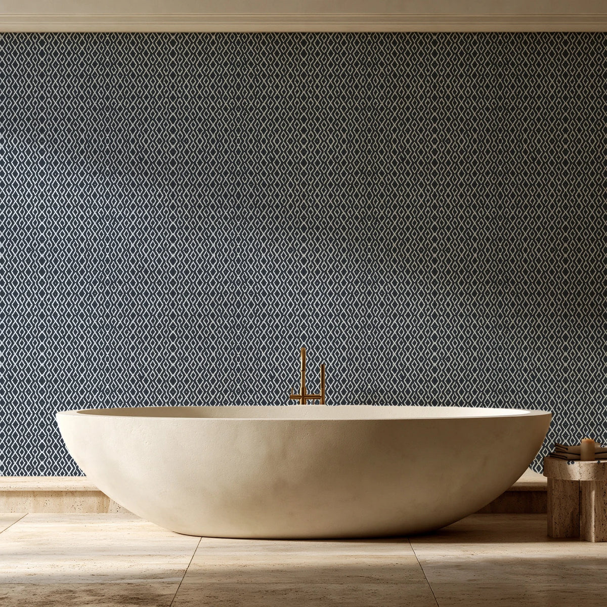 Sage Trellis Charcoal geometric wallpaper creating ambiance in a serene spa bathroom