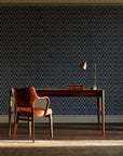 Sage Trellis Charcoal geometric wallpaper as a feature wall in a home study