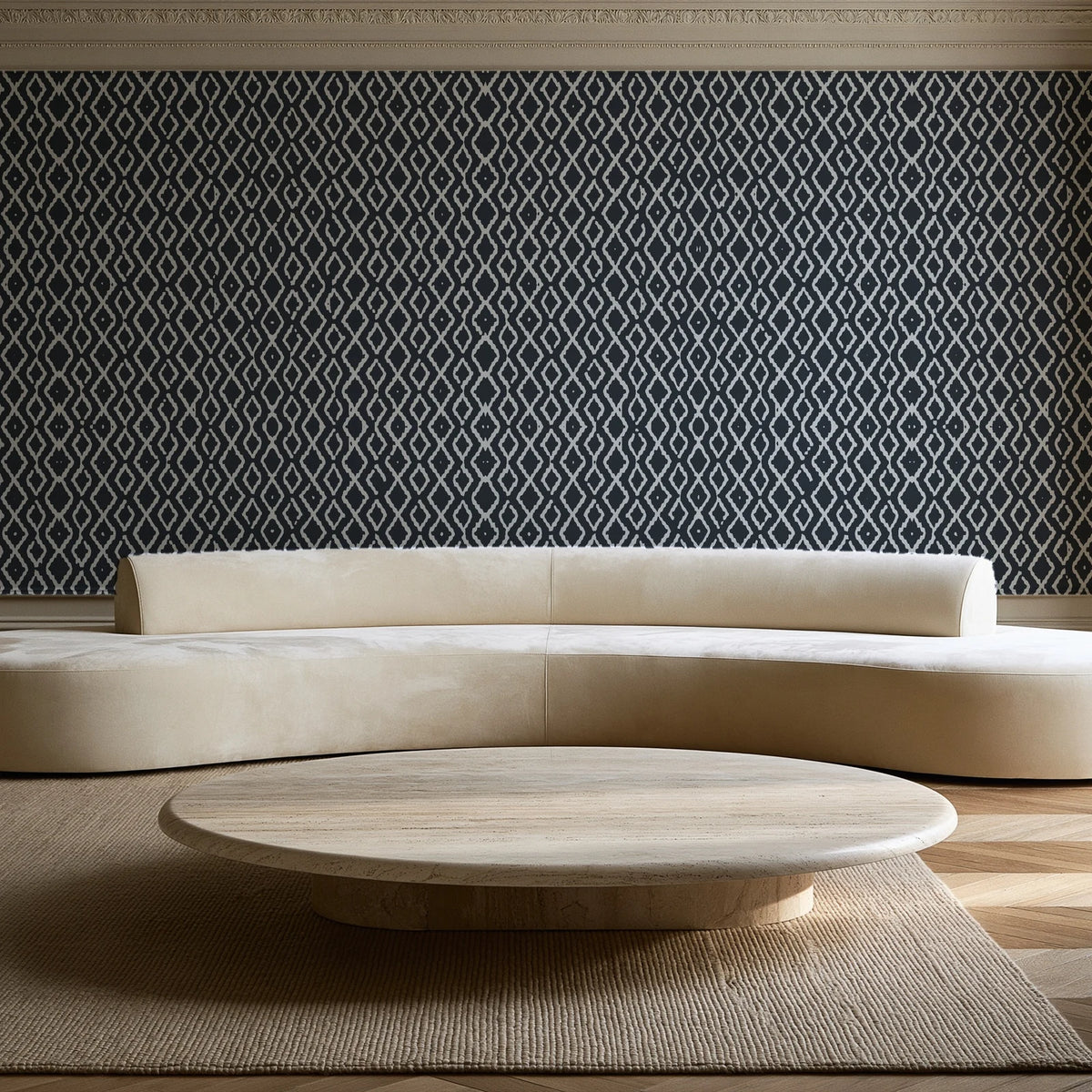 Sage Trellis Charcoal geometric wallpaper in an elegant living room