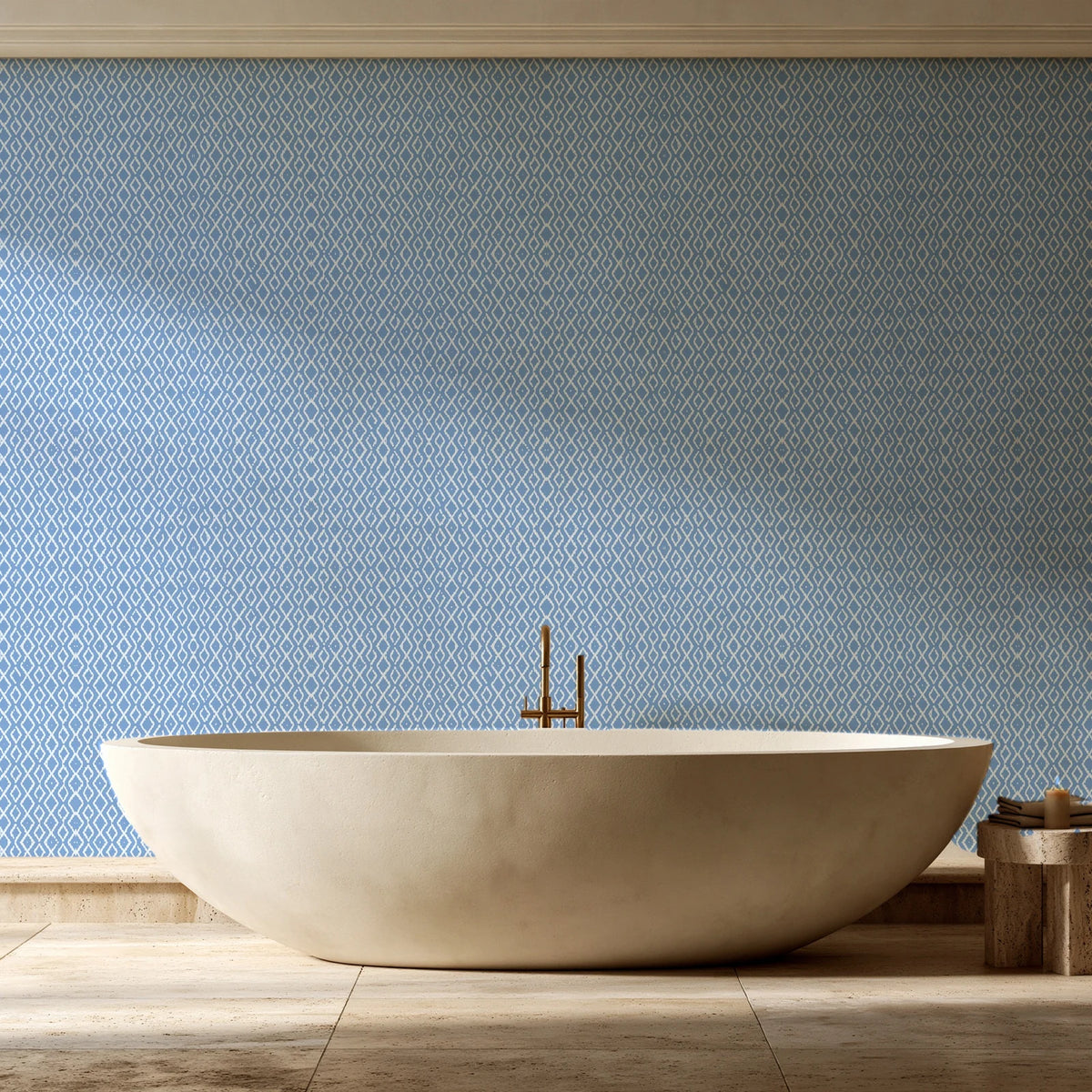 Sage Trellis Dusty Blue geometric wallpaper creating ambiance in a serene spa bathroom