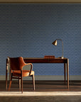 Sage Trellis Dusty Blue geometric wallpaper as a feature wall in a home study