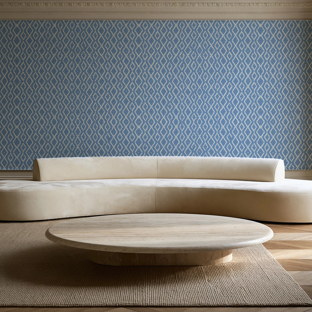 Sage Trellis Dusty Blue geometric wallpaper in an elegant living room