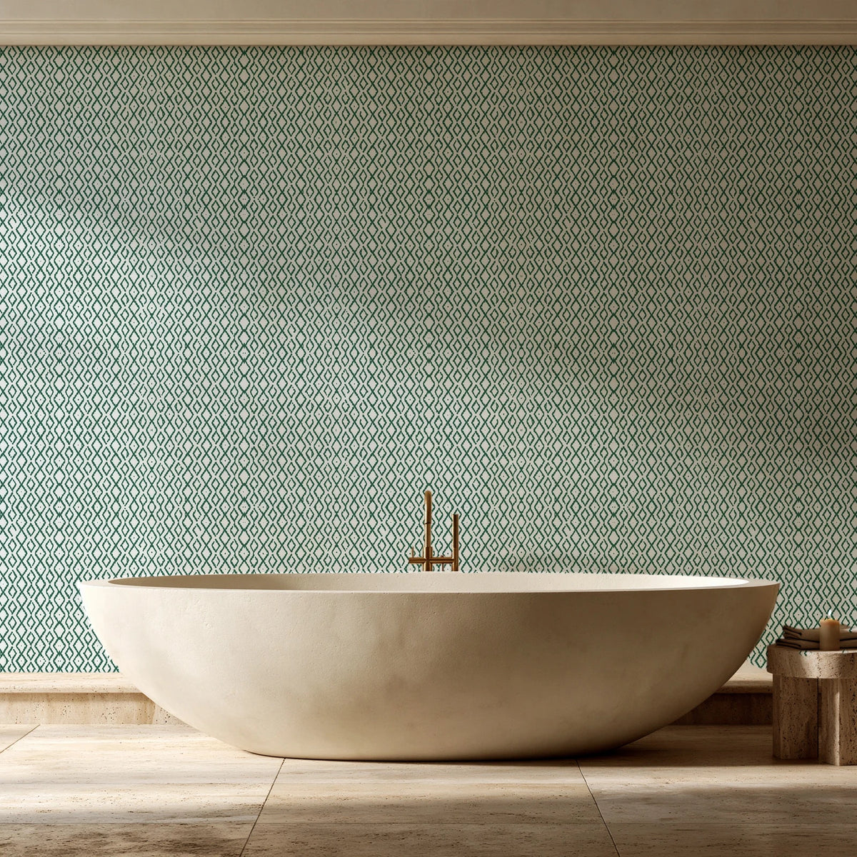 Sage Trellis Forest geometric wallpaper creating ambiance in a serene spa bathroom