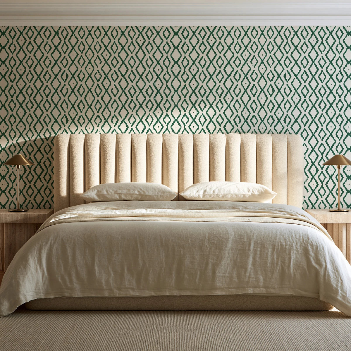 Sage Trellis Forest geometric wallpaper behind a channel-tufted bed in a calm primary bedroom