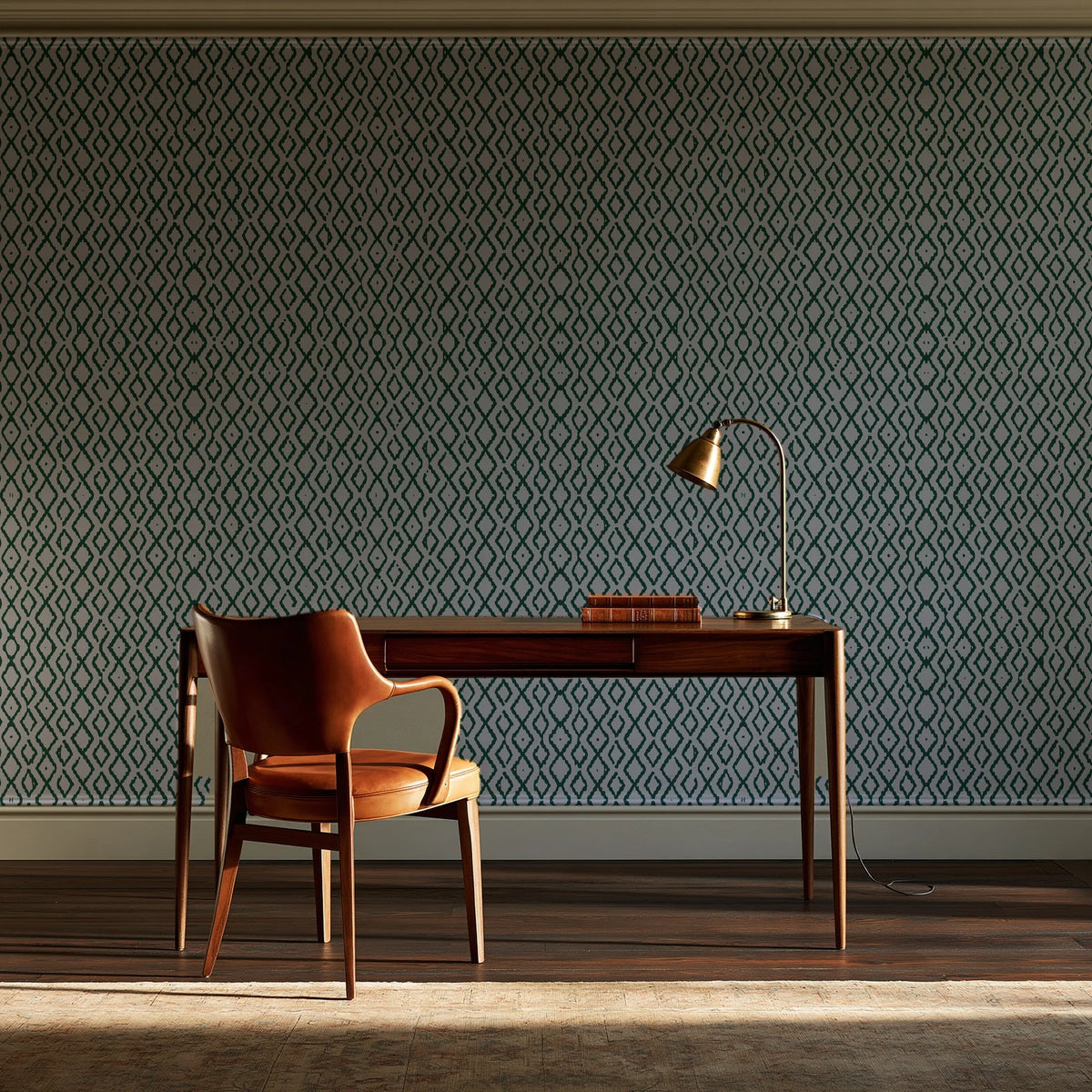 Sage Trellis Forest geometric wallpaper as a feature wall in a home study