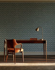 Sage Trellis Forest geometric wallpaper as a feature wall in a home study