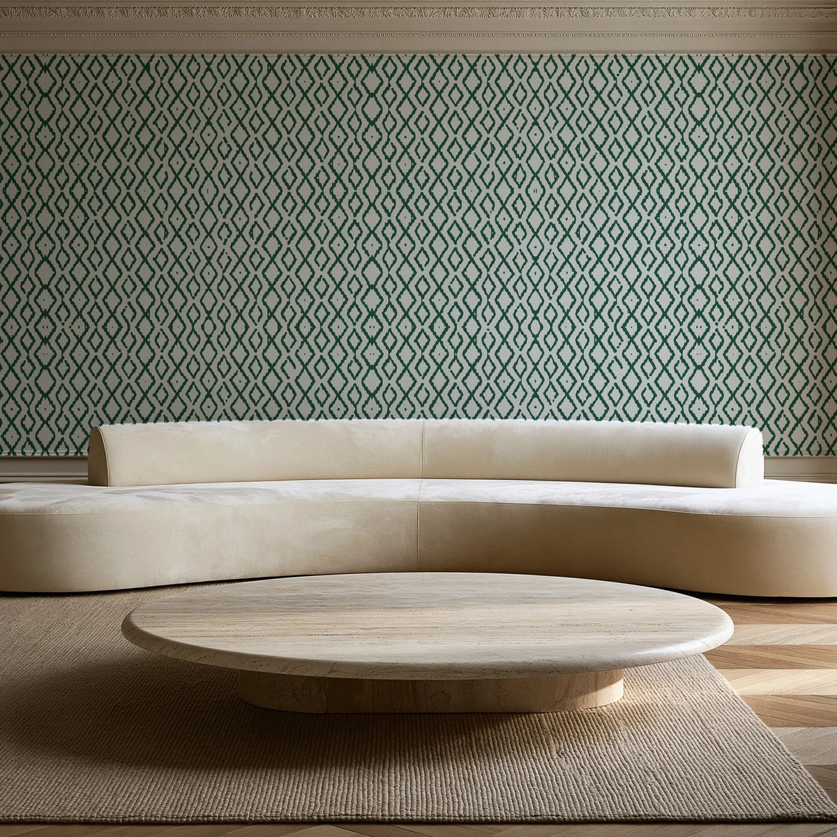 Sage Trellis Forest geometric wallpaper in an elegant living room