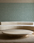 Sage Trellis Forest geometric wallpaper in an elegant living room