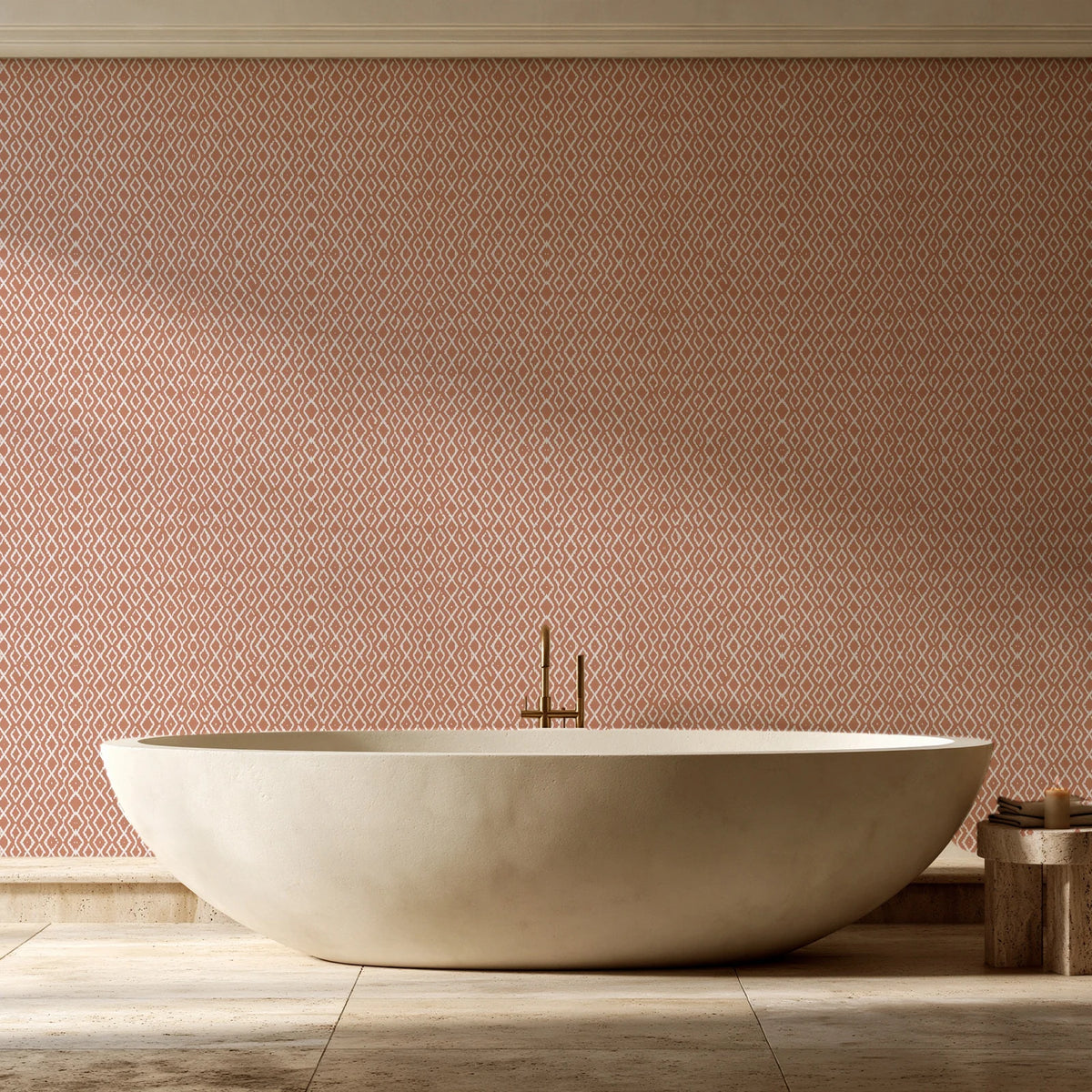 Sage Trellis Terracotta geometric wallpaper creating ambiance in a serene spa bathroom