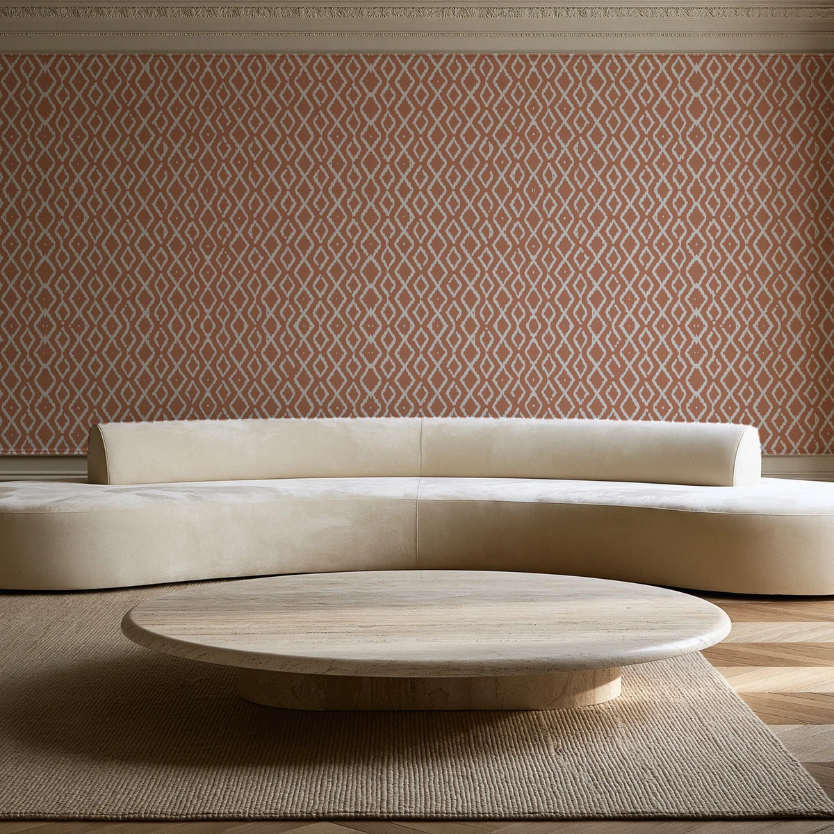 Sage Trellis Terracotta geometric wallpaper in an elegant living room