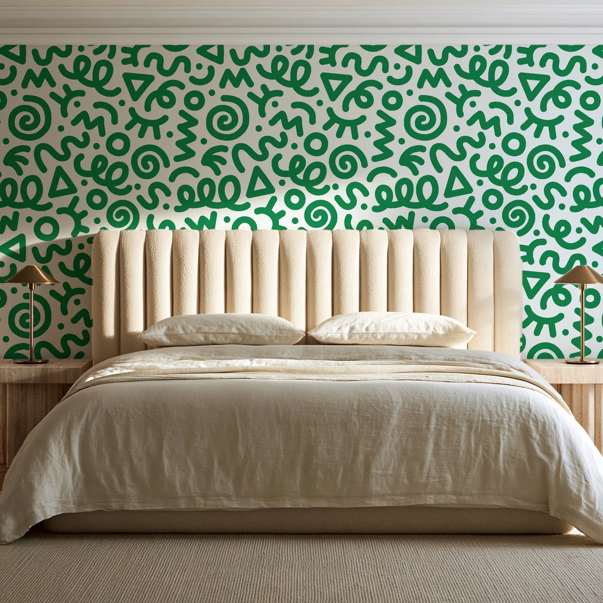 Scribble Pop Kelly Green squiggle wallpaper behind a channel-tufted bed in a calm primary bedroom
