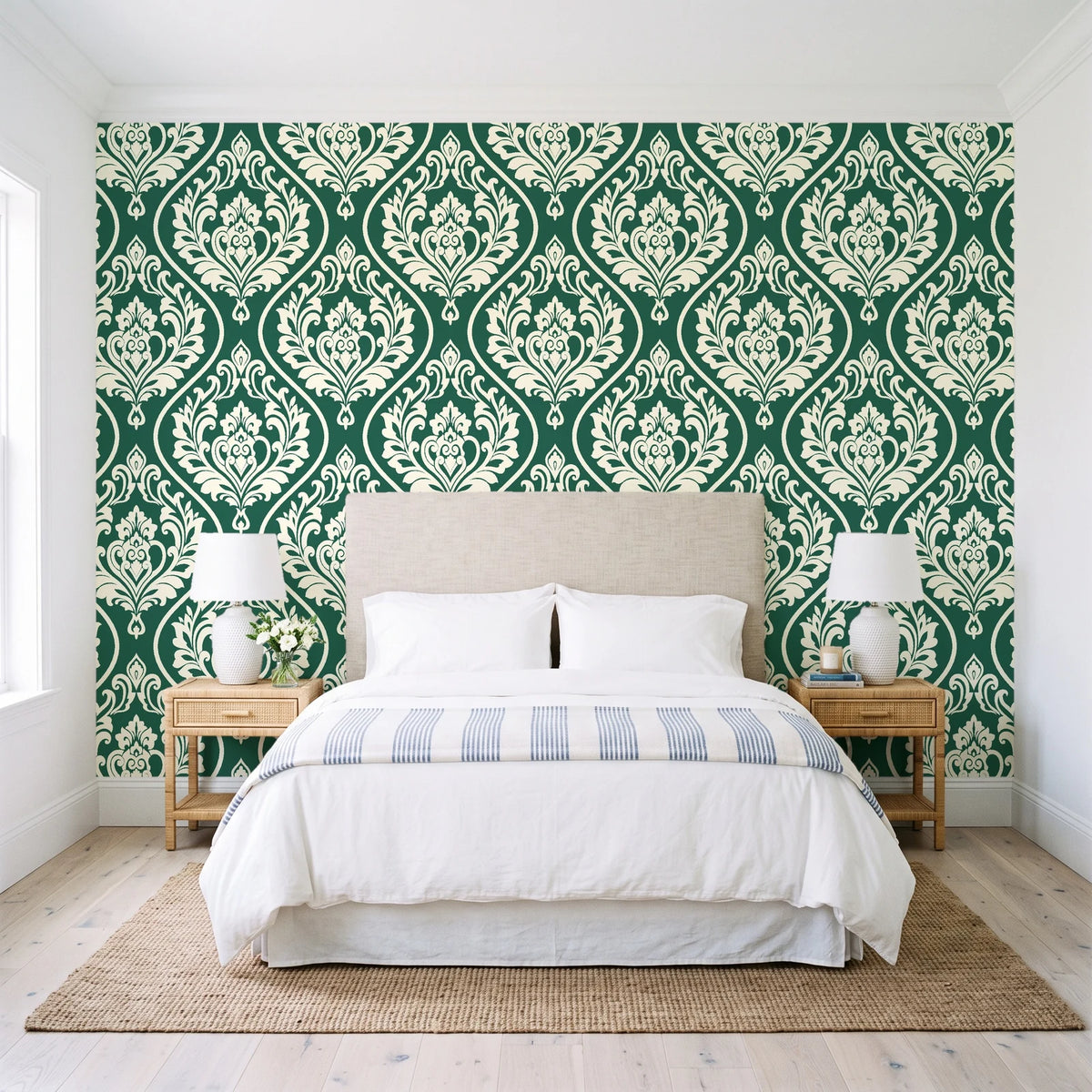 Secret Arbor Emerald damask wallpaper behind a queen bed in a bright coastal bedroom